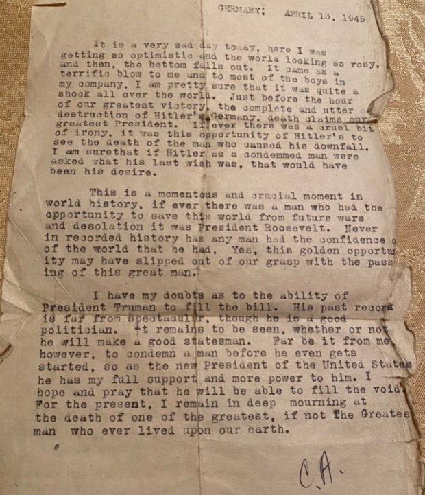 WWII veteran's letter on April 13, 1945