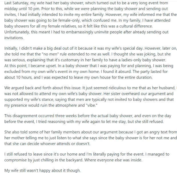 AITA post about husband refusing to leave wife's women-only baby shower 