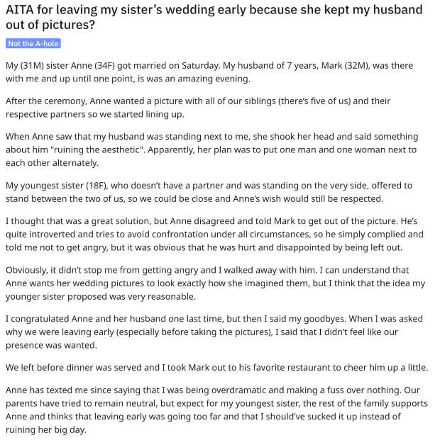 man leaves sister's wedding after she wants to keep his husband out of group photo for ruining the aesthetic