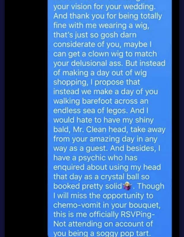 bridesmaid with cancer text to bride