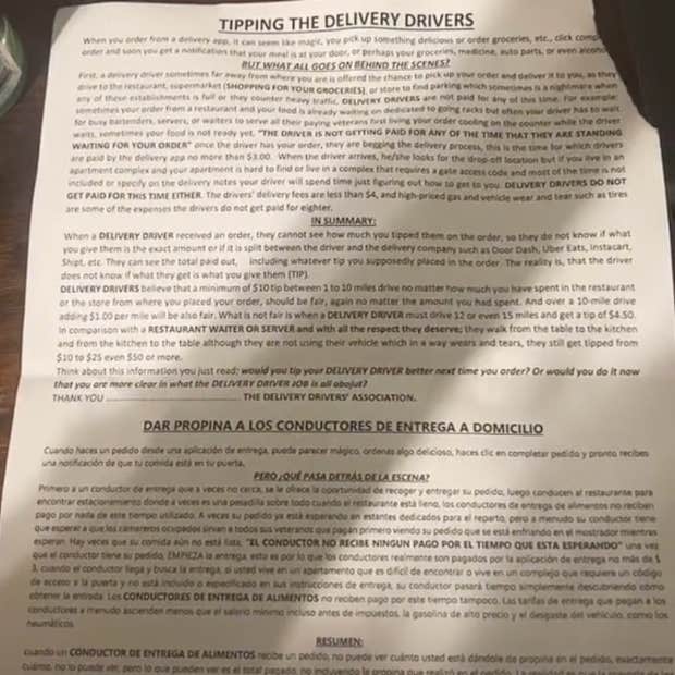 DoorDash Delivery Driver Leaves Letter Over Tip.