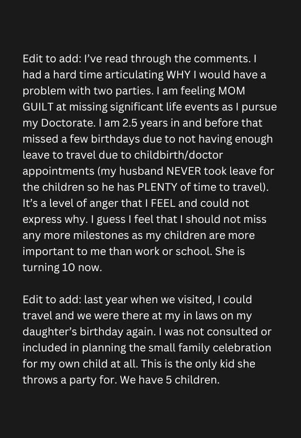 Reddit post of the user explaining why they were feeling a sense of &amp;quot;mom guilt&amp;quot; for not being able to attend her daughter's birthday party.