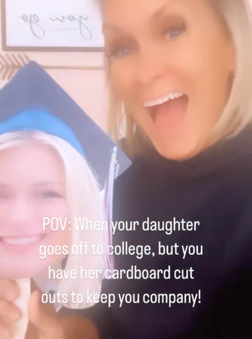 A mom creates a cardboard cut out of her daughter's head from high school graduation to keep her company while she's off to college.