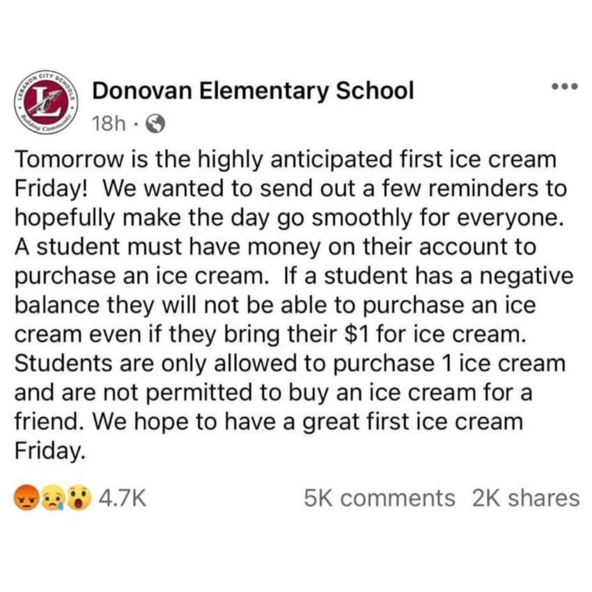 Students without lunch money can't have ice cream twitter post