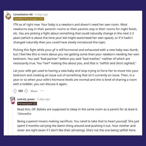 comments on reddit post about dad walking out on his partner because of their baby's sleeping arrangements