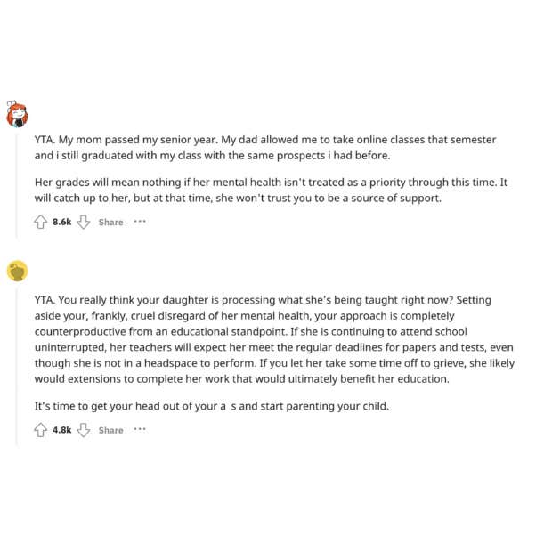 dad prioritizes grades of daughter's grief reddit comment