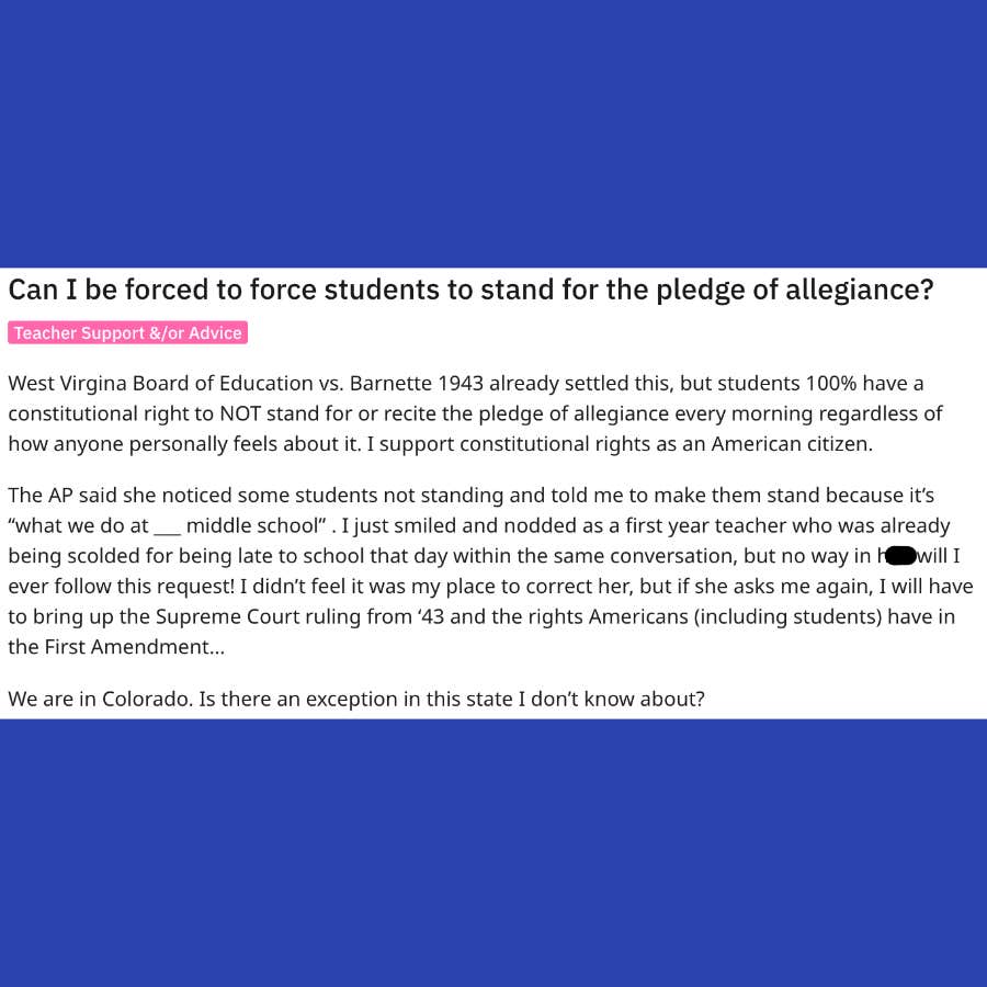 teacher wonders if she's required to force her students to stand during the pledge of allegiance