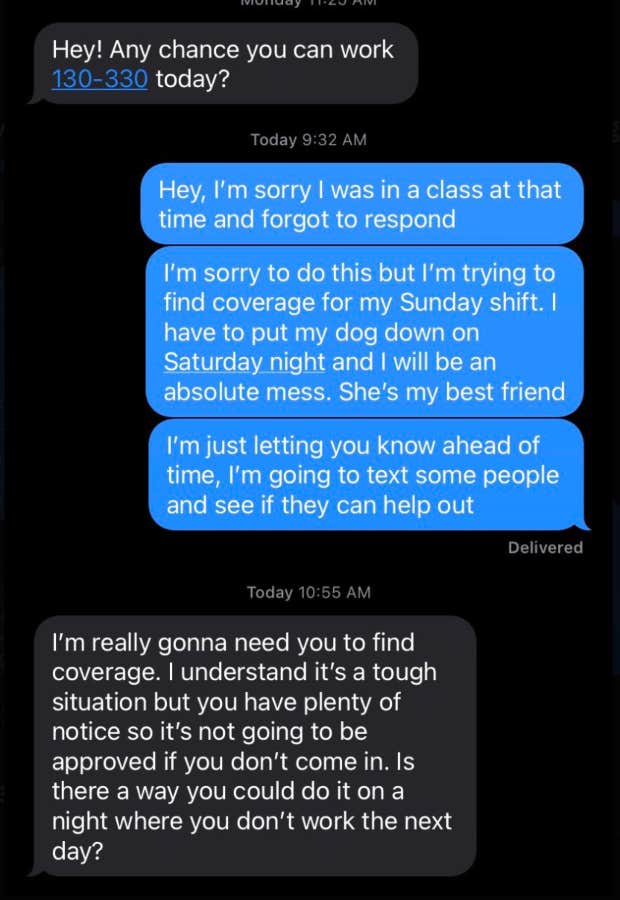 starbucks supervisor tells employee to reschedule putting her dog down so she doesn't miss her shift