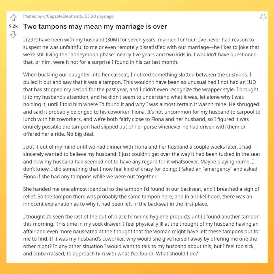 woman considers ending marriage after finding tampons that aren't hers in her husband's car