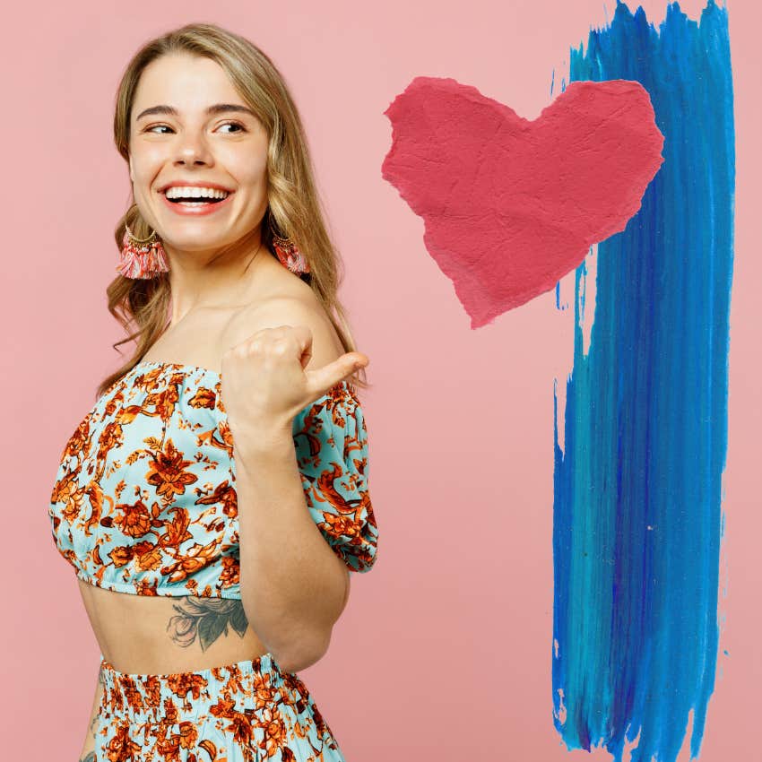woman against pink background pointing out a boundary line 